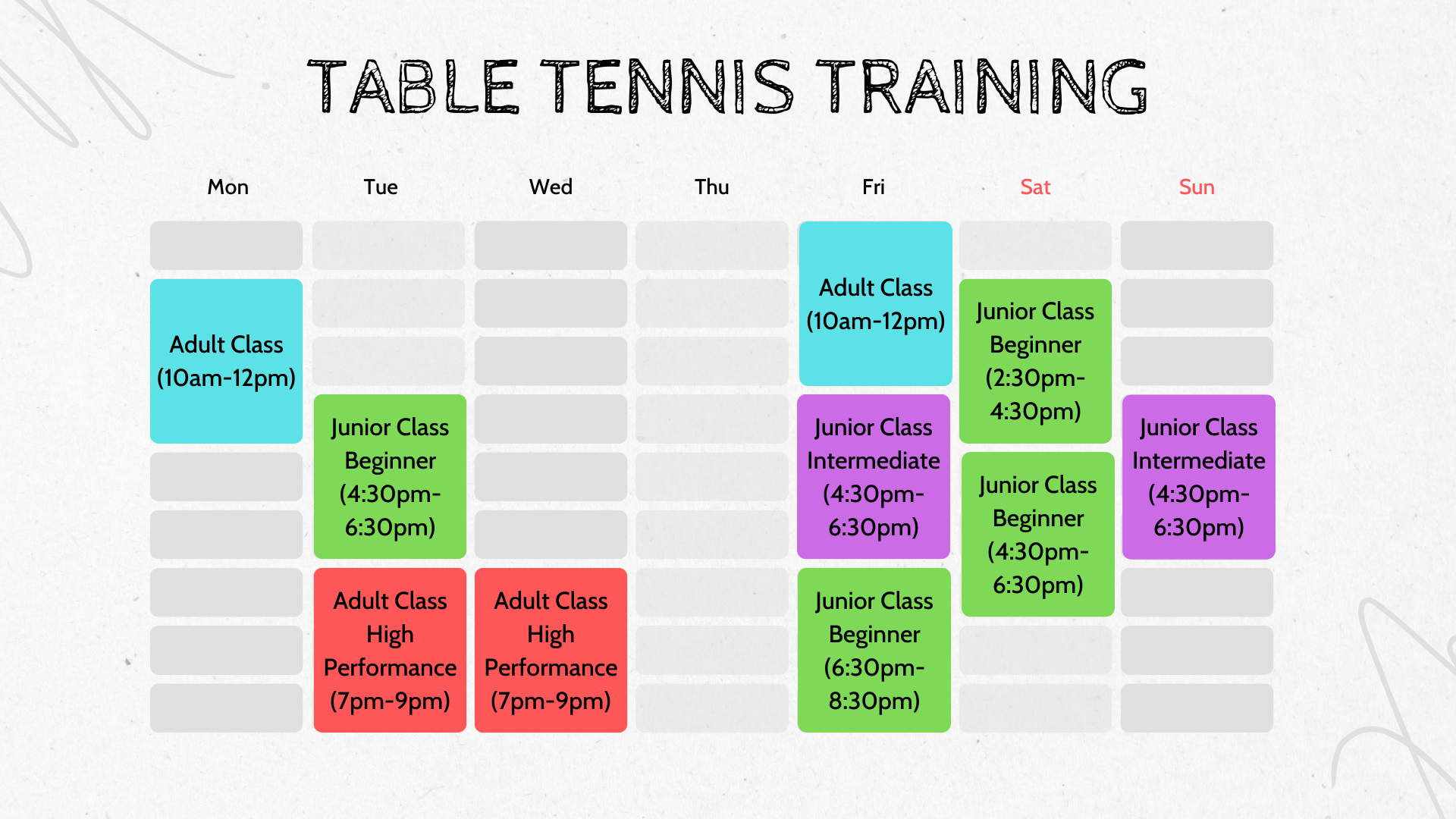 Training schedule